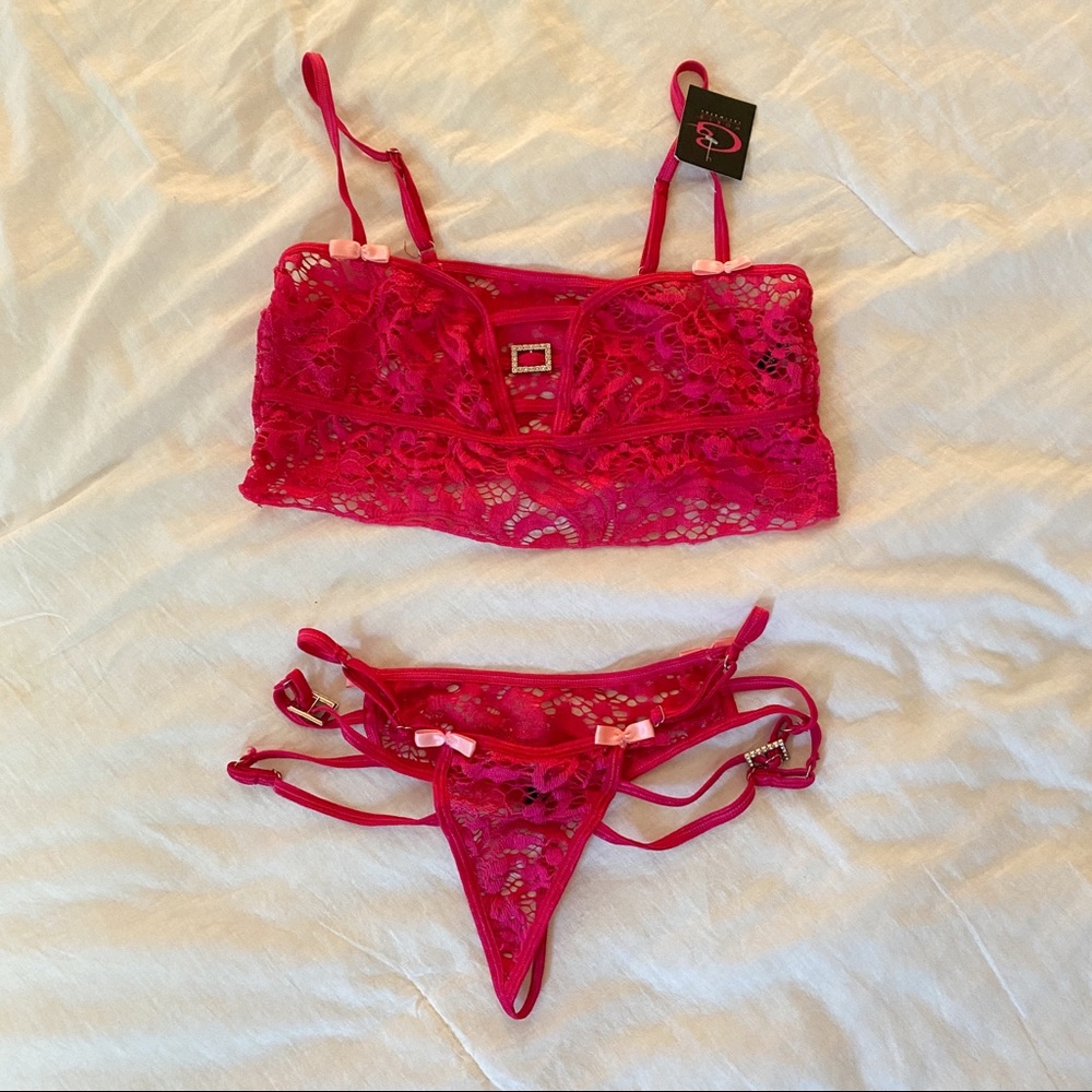 Pink Lace Underwear Lingerie Top and Panties, Diamond details